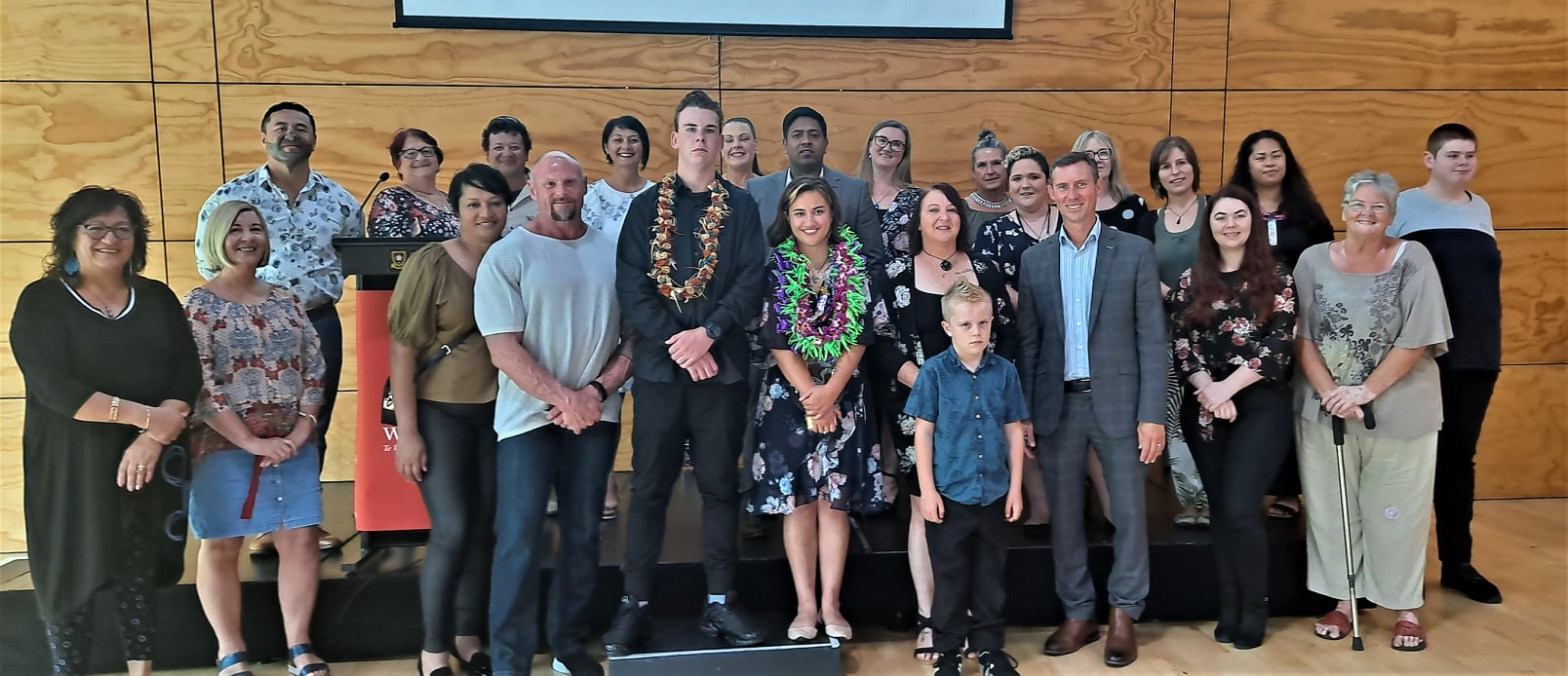 Friends whanau Oranga Tamariki kaimahi and community partners gather in celebration of Areta and Brody