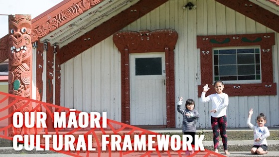 Three children outside a marae with the words 'Our maori cultural framework'.