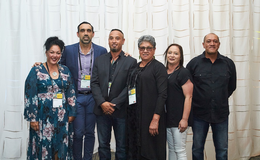 The Mahuru team from Ngāpuhi Iwi Social Services and Oranga Tamariki with Aboriginal Leader, Adam Goodes at the award ceremony.